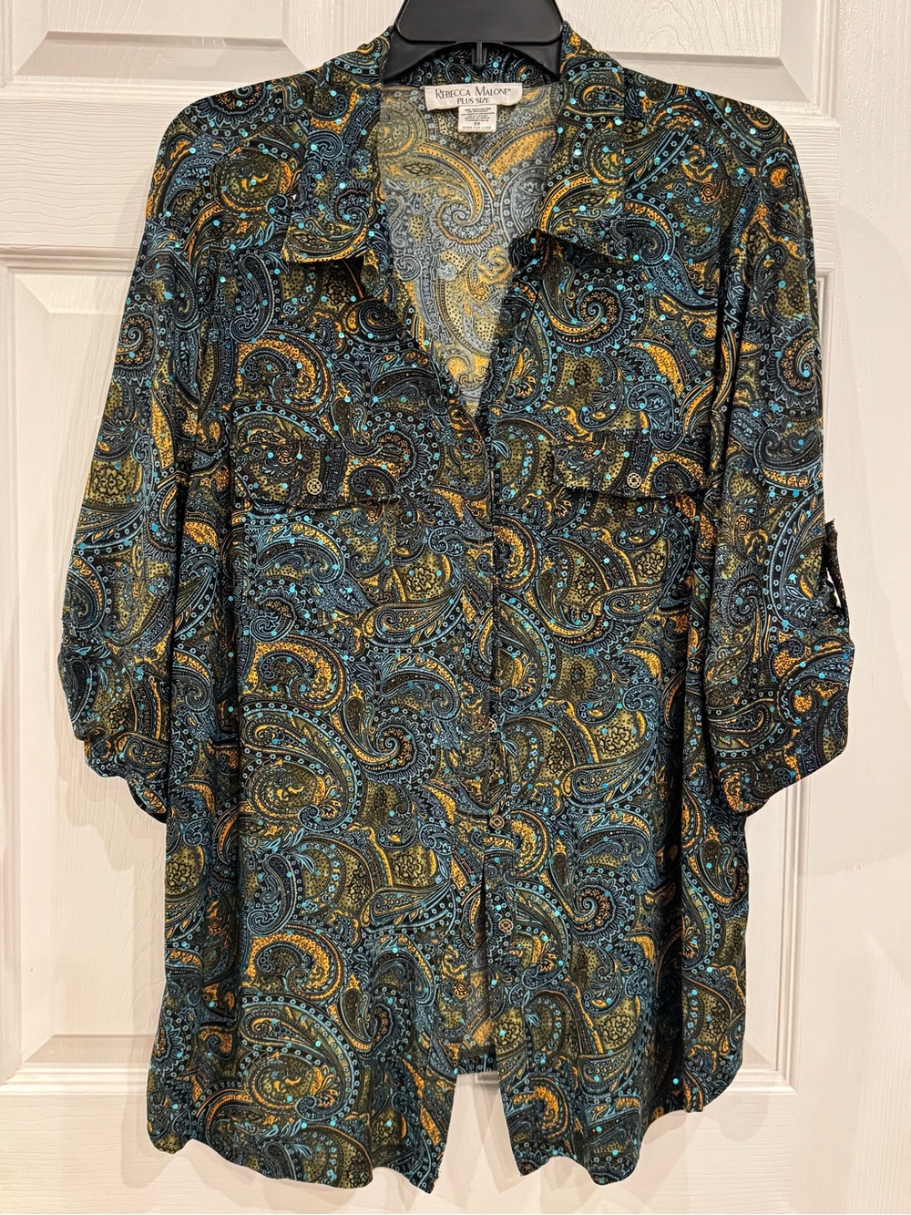Rebecca Malone Paisley Button-Front Long Sleeve Dress - Black, Teal & Gold